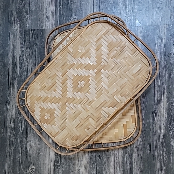 Vtg Woven Rattan Wicker Serving Trays Set (2) 19x13 Mid Century Boho - Picture 2 of 8